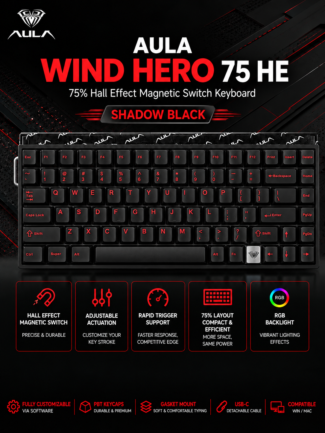 AULA HERO 75 HE Black – Magnetic Hall Effect Gaming Keyboard