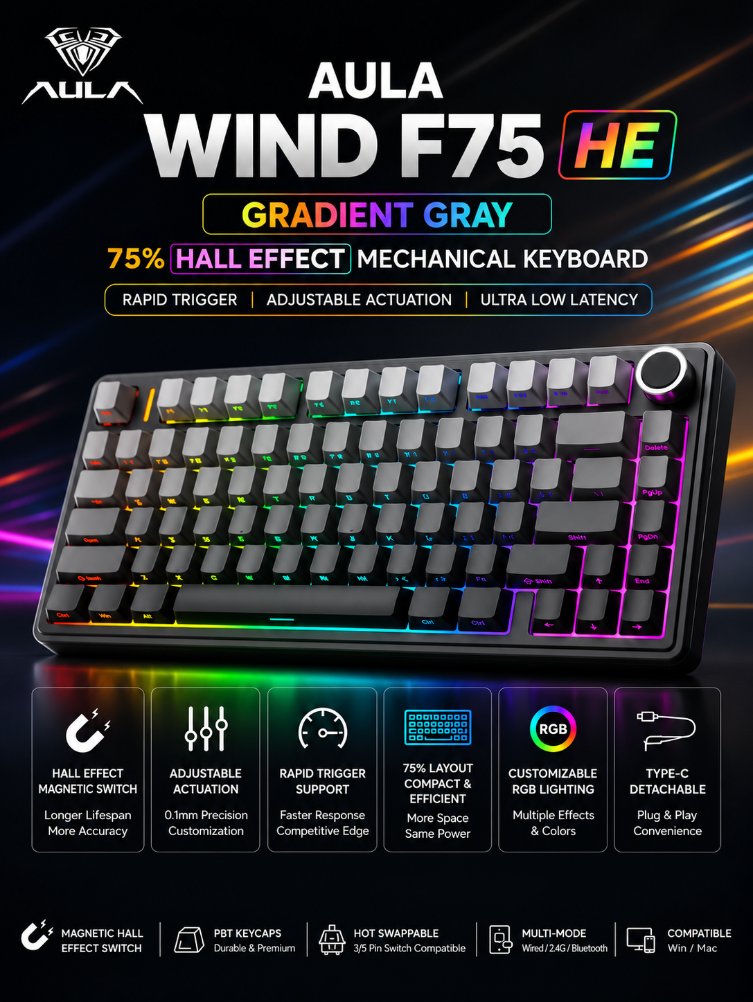 AULA WIND F75 HE Gradient Gray Black – Magnetic Hall Effect Gaming Keyboard