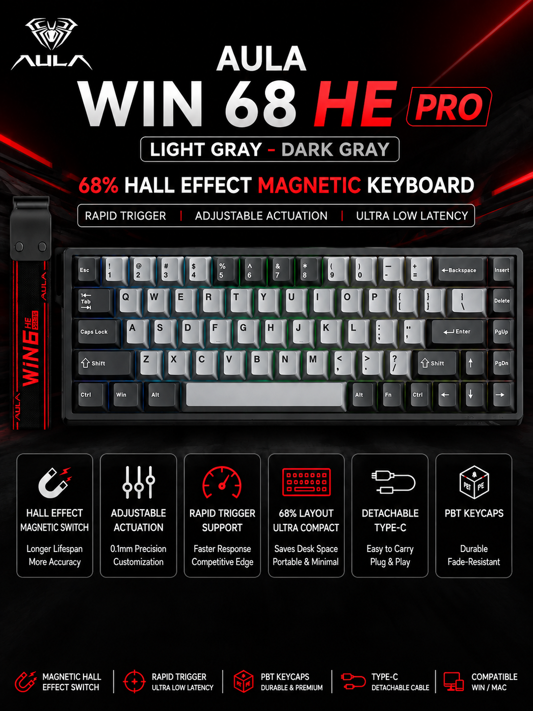 AULA WIN 68HE Pro Light Gray/Dark Gray – Hall Effect Magnetic Gaming Keyboard